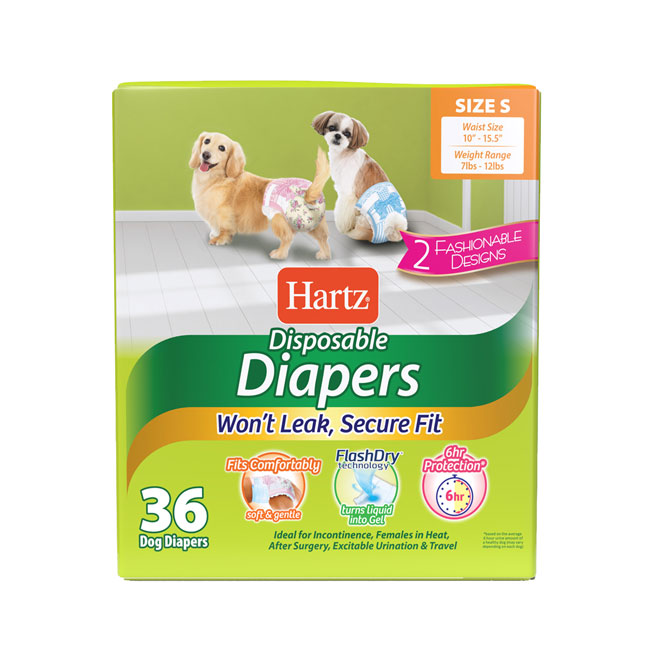 Hartz disposable diapers. Front of package. Avoid unpleasant messes with Hartz disposable diapers. Small dog diapers. Hartz SKU#3270011242.