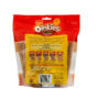Hartz oinkies smoked pig skin twist, peanut butter flavored, crunchy middle, Hartz SKU#3270015588. Back of package of crunchy dog treat..