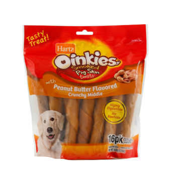 Hartz oinkies smoked pig skin twist, peanut butter flavored dog treat, Hartz SKU#3270015588. Front of package.