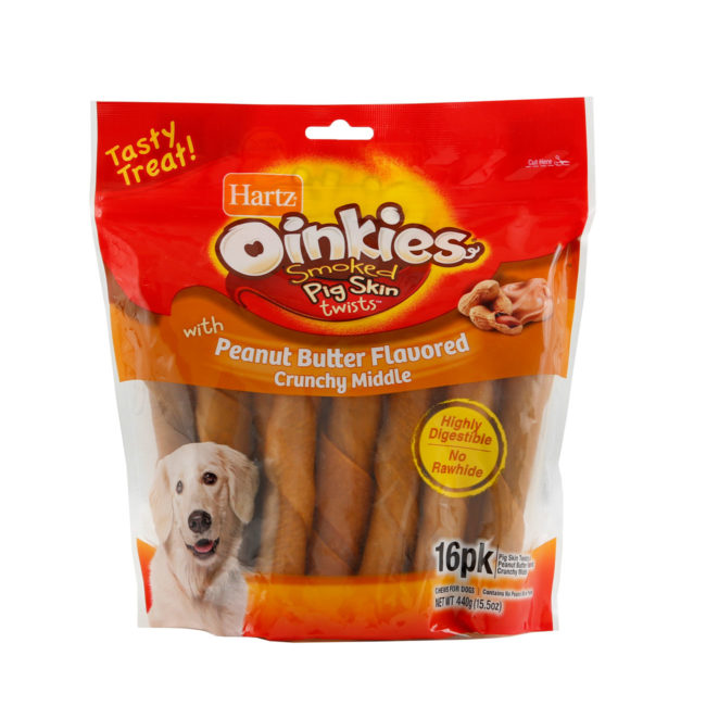 Hartz oinkies smoked pig skin twist, peanut butter flavored dog treat, Hartz SKU#3270015588. Front of package.