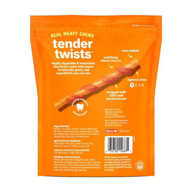 Back of package of 36 pack oinkies tender twists, wrapped with real chicken.