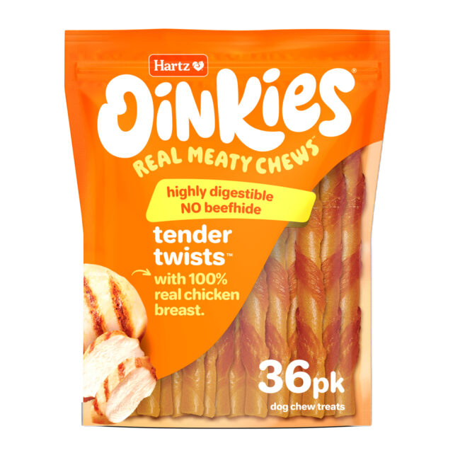 A pack of 36 oinkies tender twists with 100% real chicken.
