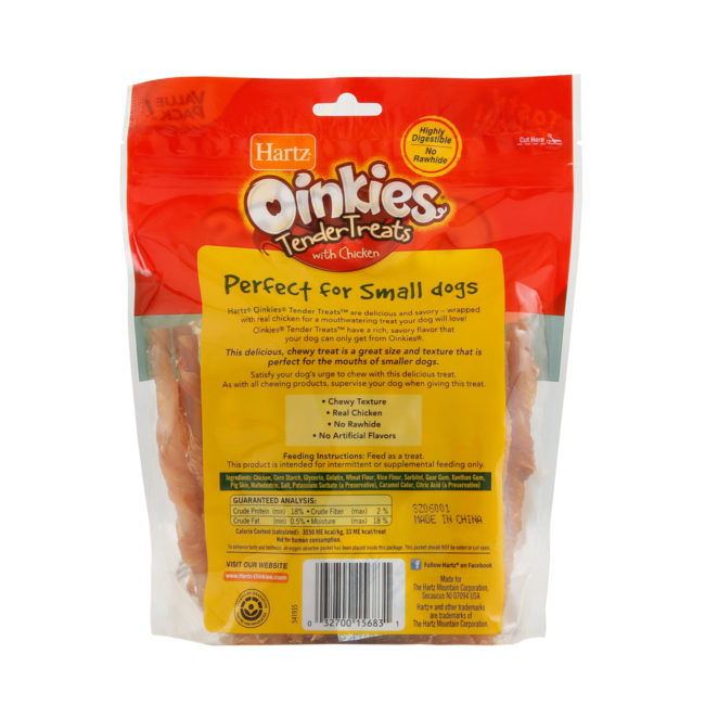 Back of package of 36 pack oinkies tender treats, wrapped with real chicken, Hartz SKU 3270015683. Hartz dog treats with real chicken.