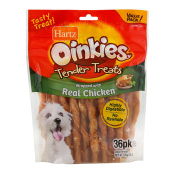 A pack of 36 oinkies tender treats, chicken wrapped, Hartz SKU 3270015683