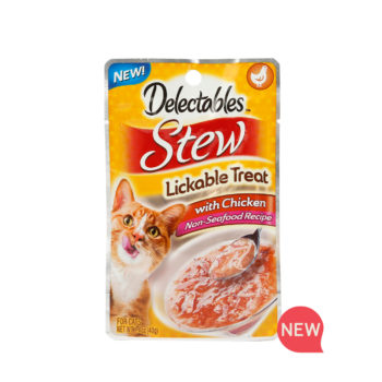 New! Hartz Delectables Lickable Treat non seafood recipe. Front of package for the stew with chicken lickable wet cat treat. Hartz SKU 3270015900.