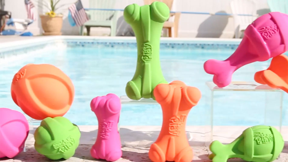 Hartz dura play dog tioy assortment displayed by a pool.