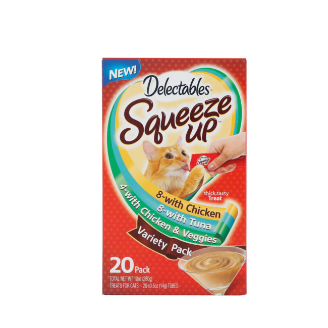 Hartz delectables squeeze up 20 pack variety pack. A wet, interactive, lickable cat treat. Front of package. Hartz SKU#3270015842