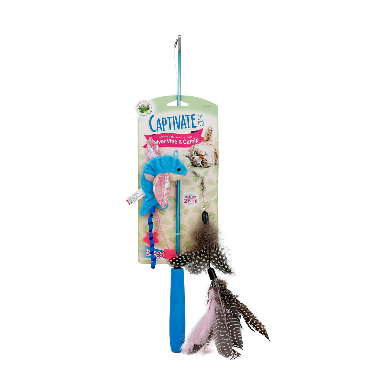 Hartz captivate fish n fly cat toy with silver vine and catnip. Front of package. Hartz SKU#3270011252