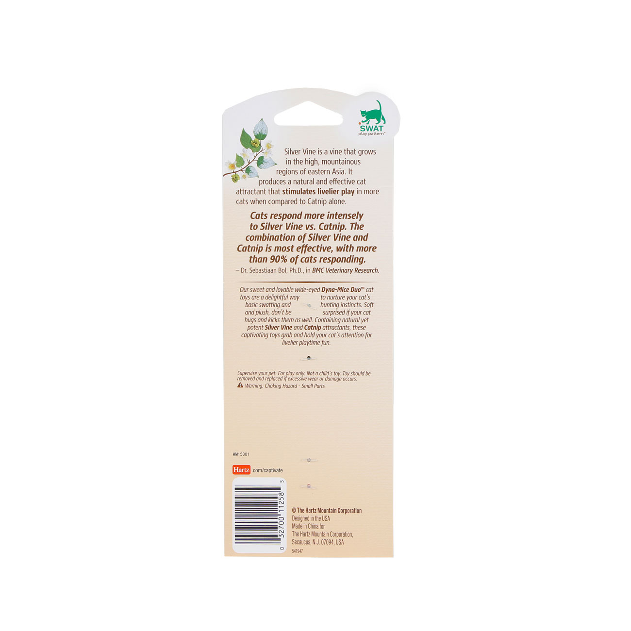 Hartz captivate dyna-mice duo cat toy with silver vine and catnip. Back of package. Hartz SKU# 3270011258