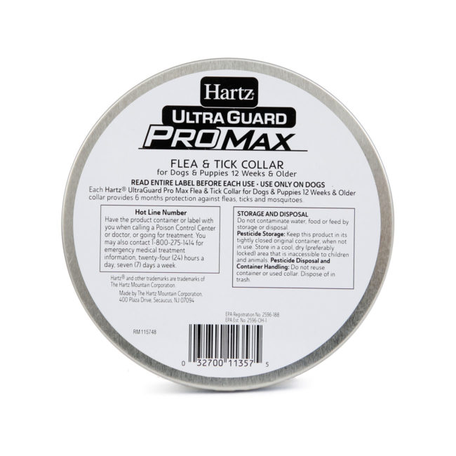Hartz UltraGuard ProMax Flea & Tick Collar, gray. Back of package. Flea and tick collars for dogs are part of a dog flea treatment program. Hartz SKU# 3270011357