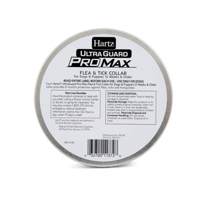 Hartz UltraGuard ProMax Flea & Tick Collar, black. Back of package. Flea and tick collars for dogs are part of a dog flea treatment program. Hartz SKU# 3270011372