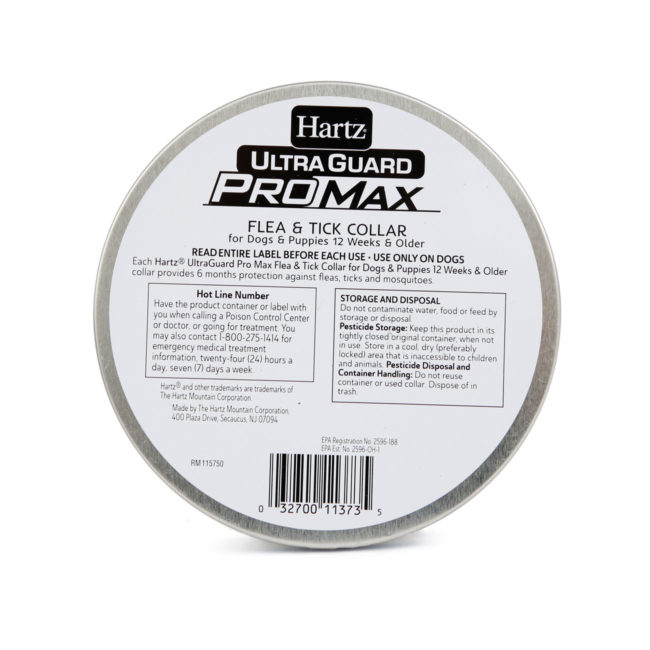 Hartz UltraGuard ProMax Flea & Tick Collar, blue. Back of package. Flea and tick collars for dogs are part of a dog flea treatment program. Hartz SKU# 3270011373
