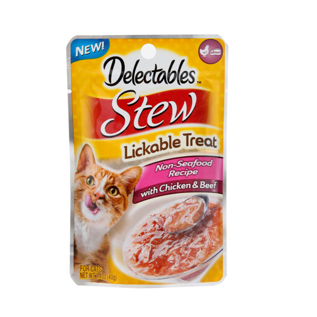 Delectables lickable treat, stew, chicken & beef cat treat. Front of package. Hartz SKU#3270011362
