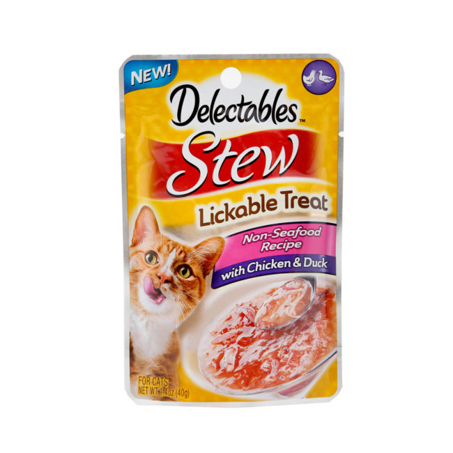 Delectables lickable treat, stew, chicken & duck cat treat. Front of package. Hartz SKU#3270011364