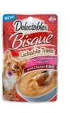 Delectables lickable treat, bisque, chicken & beef cat treat. Front of package. Hartz SKU#3270011366