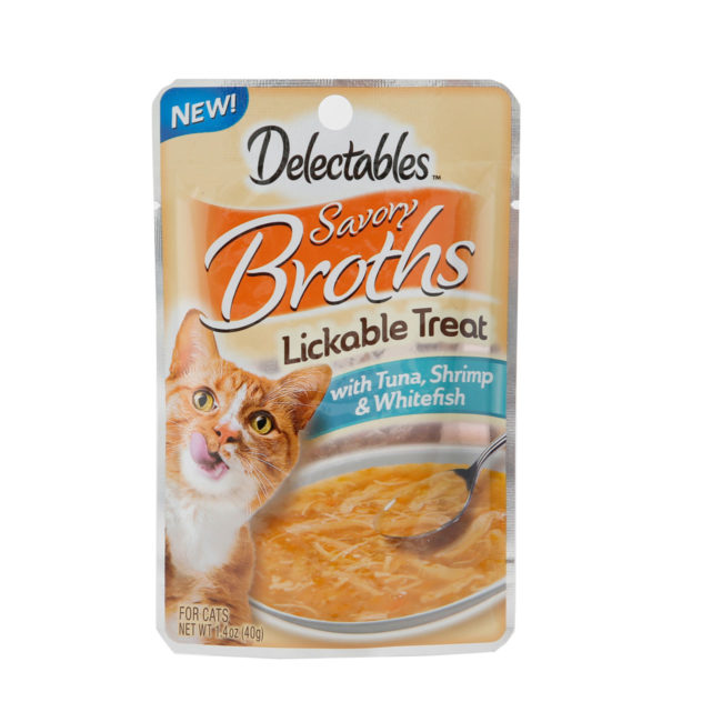 Delectables Lickable Treat Savory Broths for cats, tuna, shrimp and whitefish wet cat treat. Front of package. Hartz SKU# 3270011380.
