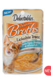 New! Delectables Lickable Treat Savory Broths tuna, shrimp and whitefish. Wet cat treat. Front of package. Hartz SKU# 3270011380.