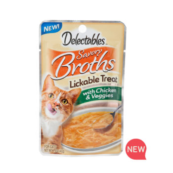 New! Delectables Lickable Treat Savory Broths Chicken & Veggies. Wet cat treat. Front of package. Hartz SKU# 3270011381.