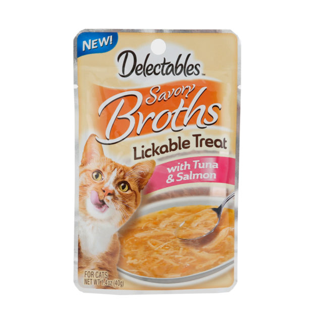 Delectables lickable treat, broths, tuna & salmon. Front of package. Hartz SKU#3270012002