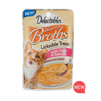 New! Delectables lickable treat, broths, tuna & salmon. Front of package. Hartz SKU#3270012002