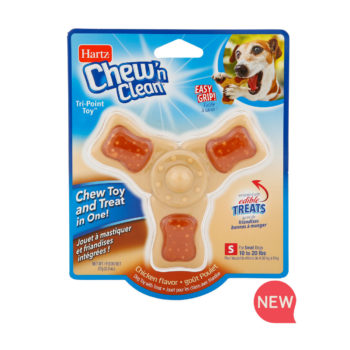 New! Hartz Chew N Clean tri-pont dog toy, small. Front of package. Hartz SKU# 3270012004.