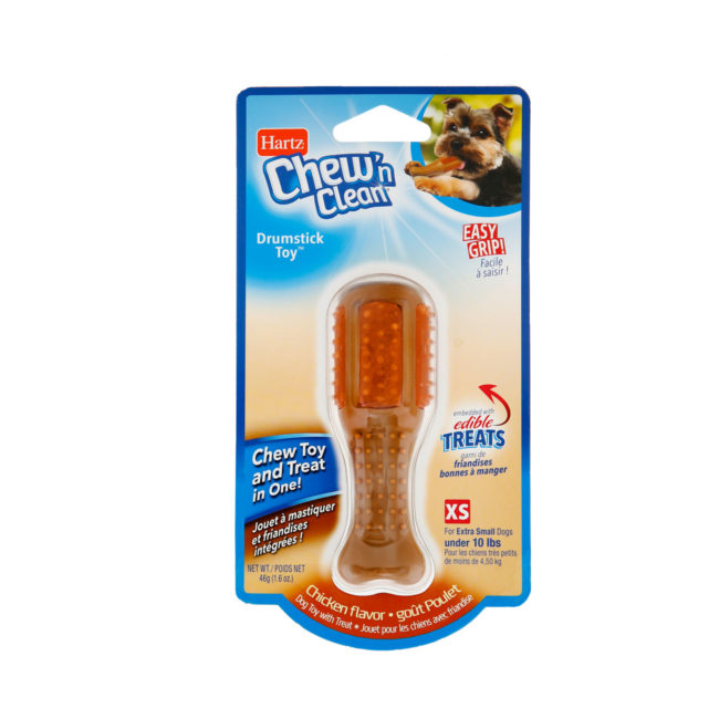 Hartz Chew N Clean drumstick dog toy, extra small dog chew toy. Front of dental dog toy package. Hartz SKU# 3270012006.