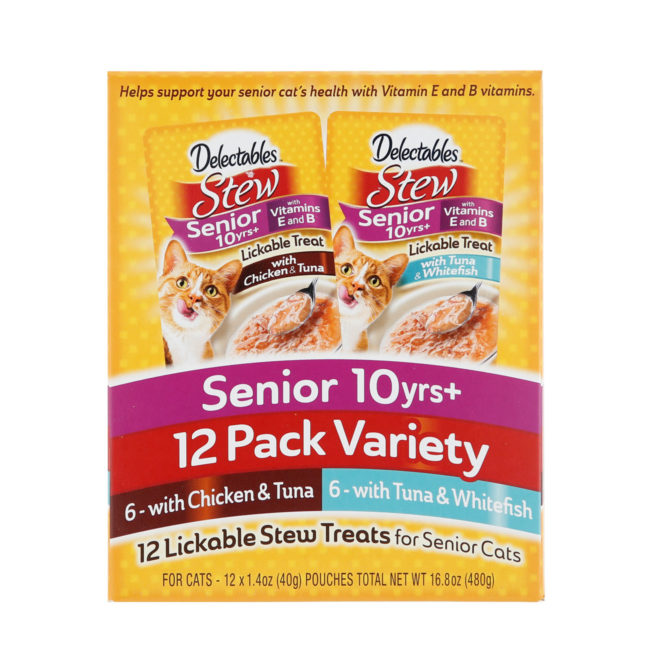 Delectables lickable treat, senior stew variety pack. Chicken & tuna and tuna & whitefish senior cat treats. Front of container. Hartz SKU#3270012018