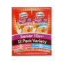 Delectables lickable treat, senior bisque variety pack. Tuna & chicken and tuna & shrimp senior cat treats. Front of container. Hartz SKU#3270012019