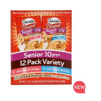 New! Delectables lickable treat, senior bisque variety pack. Tuna & chicken and tuna & shrimp senior cat treats. Front of container. Hartz SKU#3270012019.