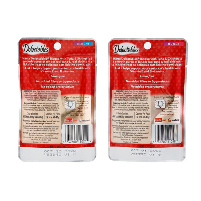 Delectables lickable treat, senior bisque variety pack. Tuna & chicken and tuna & shrimp senior cat treats. Back of pouches Hartz SKU#3270012019