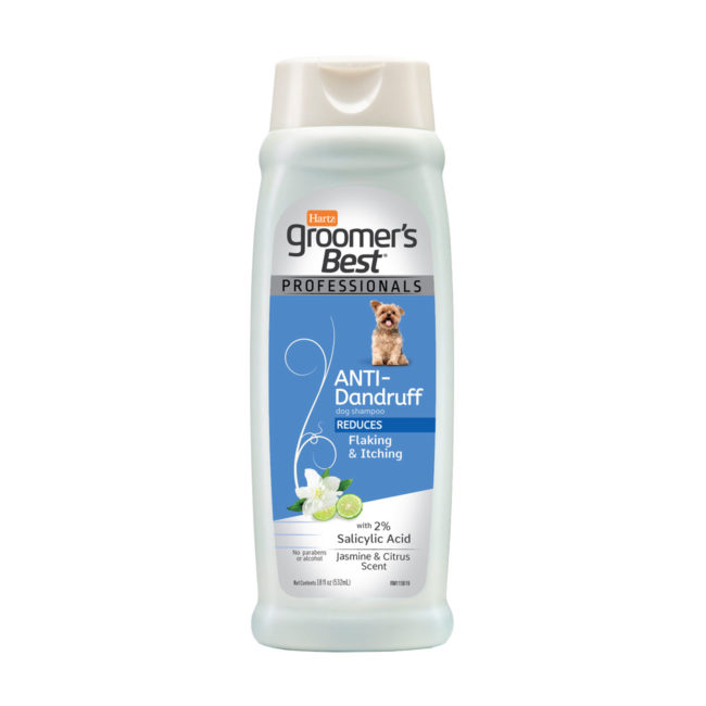 Hartz groomer's best professionals anti-dandruff dog shampoo. Front of bottle. Hartz SKU# 3270011376
