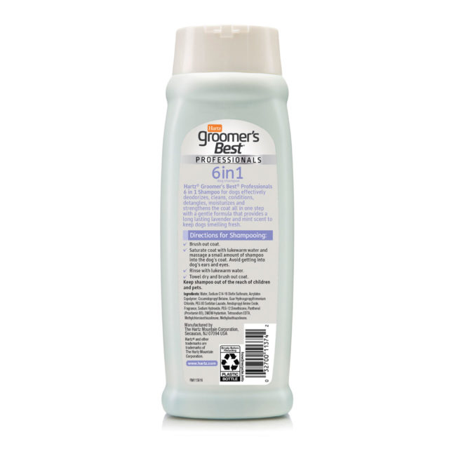 Hartz groomer's best professionals 6 in 1 dog grooming shampoo. Back of bottle. Hartz SKU# 3270011374