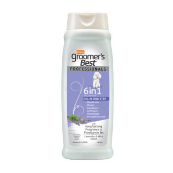 Hartz groomer's best professionals 6 in 1 dog shampoo. Front of bottle. Hartz SKU# 3270011374