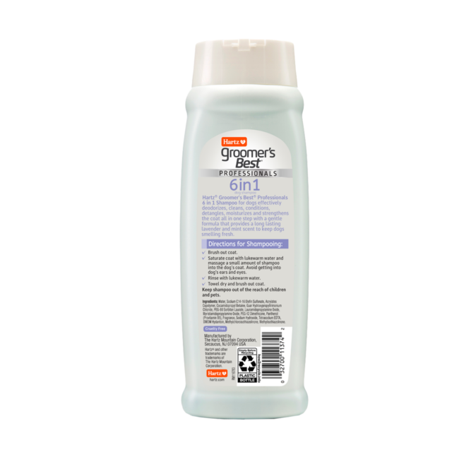 Hartz groomer's best professionals 6 in 1 dog shampoo. Back of bottle. Hartz SKU# 3270011374