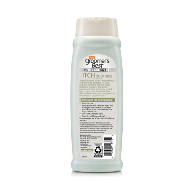 Hartz groomer's best professionals itch soothing dog shampoo. Back of bottle. Hartz SKU# 3270011375