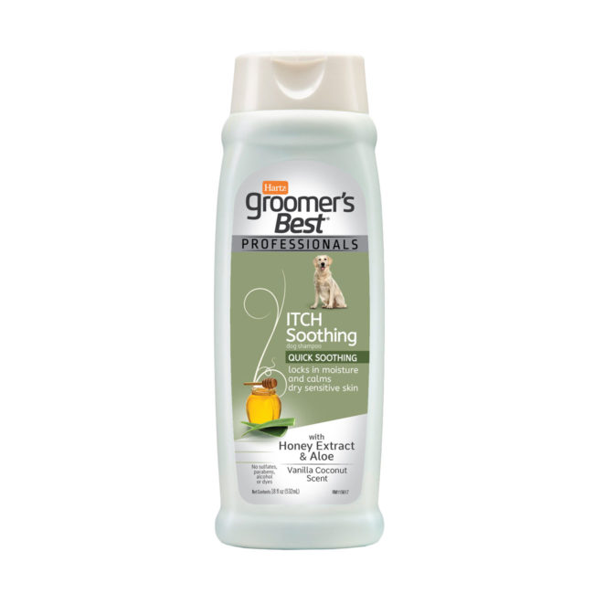 Hartz groomer's best professionals itch soothing dog shampoo. Front of bottle. Hartz SKU# 3270011375