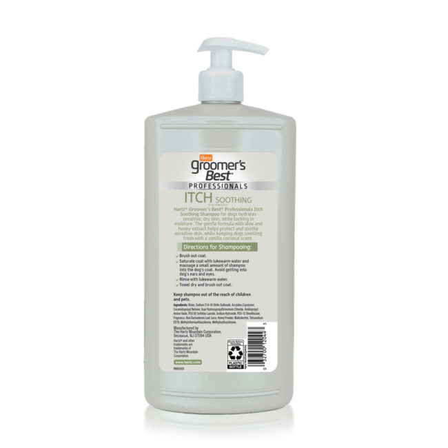 Hartz groomer's best professionals itch soothing dog shampoo. Back of 32oz. pump bottle. Hartz SKU# 3270012044