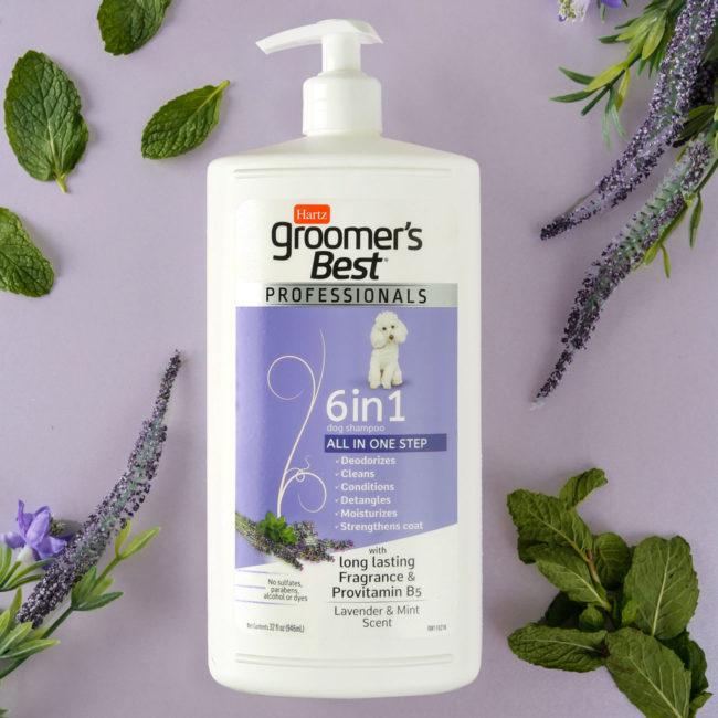 Hartz groomer's best professionals 6 in 1 dog shampoo with lavender and mint.