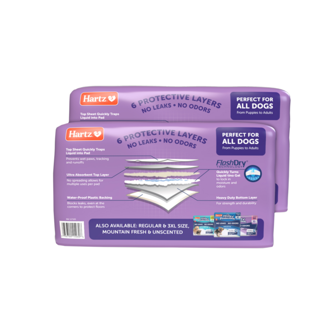 Hartz Home Protection Odor Eliminating Dog Pads. Back of Packages. Hartz SKU# 3270011272