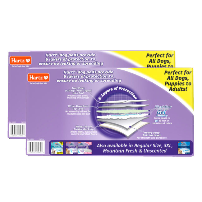 Hartz Home Protection Odor Eliminating Dog Pads. Back of Packages. Hartz SKU# 3270011272