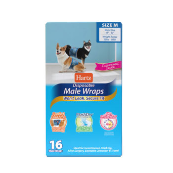 Hartz diposable male wraps for dogs. Front of 16 count package. Hartz Sku# 3270012017