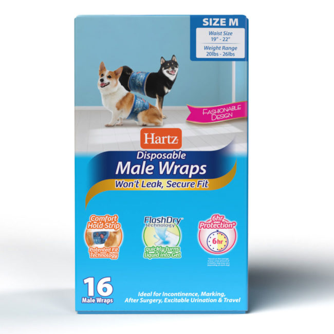 Hartz disposable male wraps. 16 count package. Front of package. hartz SKU# 3270012017