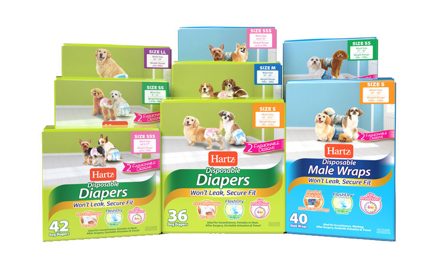 Hartz offers a variety of sizes of dog diapers and male wraps for dogs.