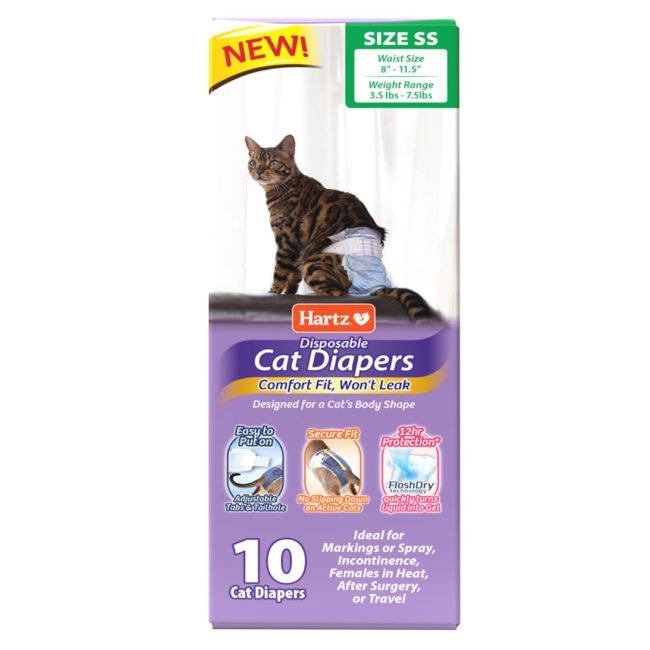 Hartz Disposable Cat Diapers Size SS 10 Count. Front of package. Hartz SKU# 3270012941