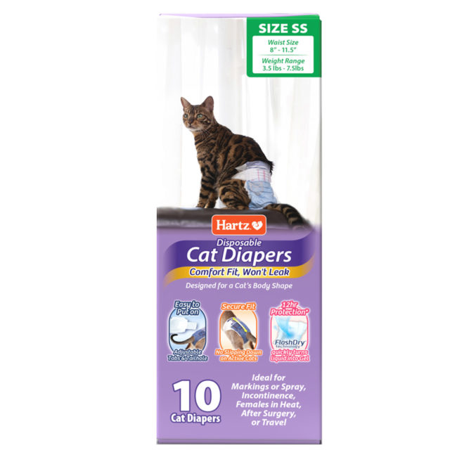 Hartz Disposable Cat Diapers Size SS 10 Count. Front of package. Hartz SKU# 3270012941