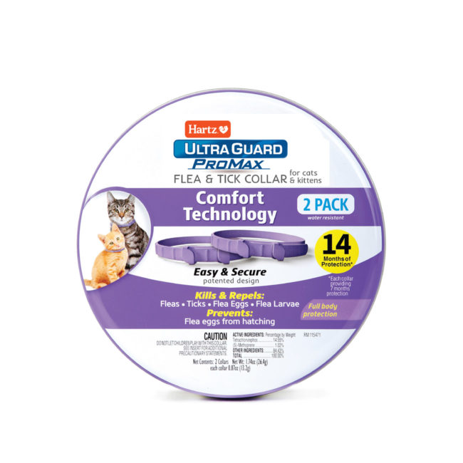 Hartz flea and tick collar for cats. Front of package. Hartz SKU# 3270012944.