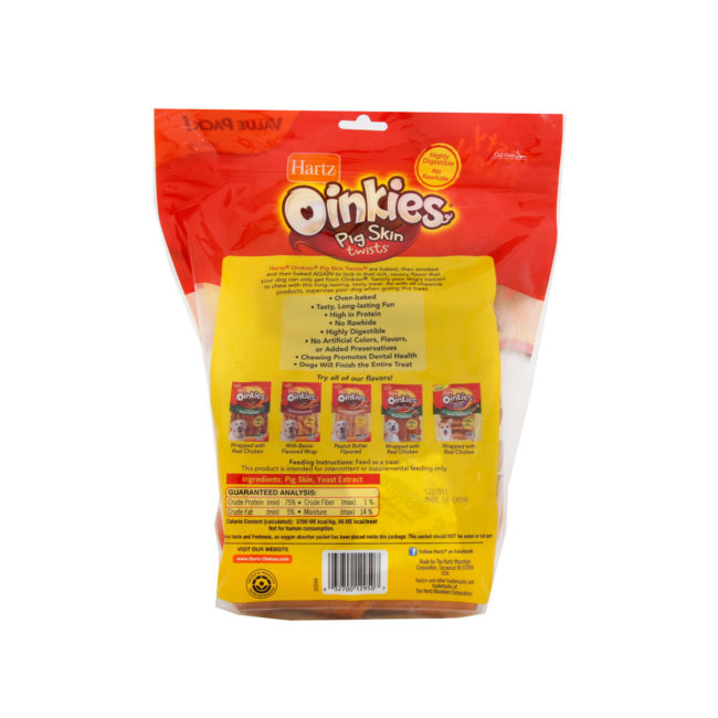 Hartz Oinkies pig skin twists. Dog treat with real smoked flavor. Back of package. Hartz SKU# 3270012950