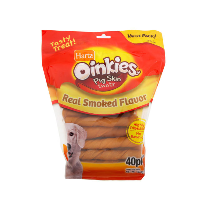 Hartz Oinkies pig skin twists. Dog treat with real smoked flavor. Front of package. Hartz SKU# 3270012950