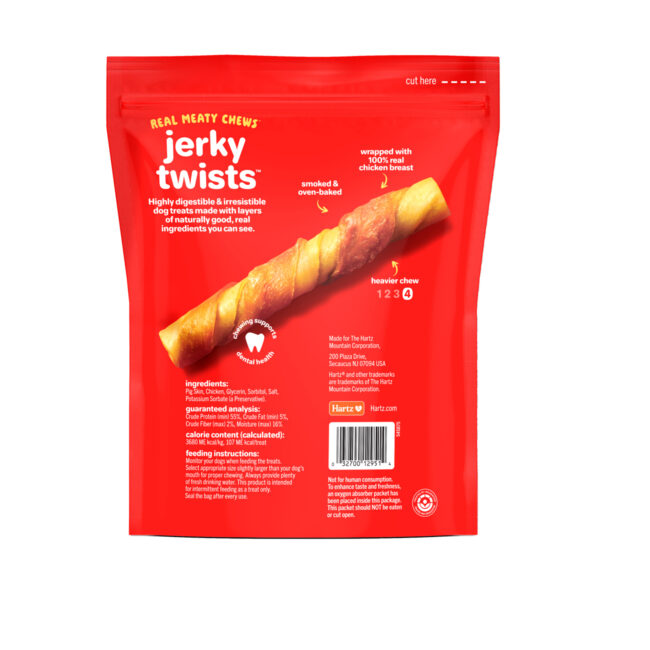 Hartz Oinkies pork & chicken dog chew. Back of package. Hartz SKU# 3270012951