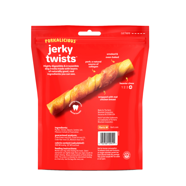 Hartz Oinkies Porkalicious Jerky Twists dog treats. Back of package. Hartz SKU# 3270012951